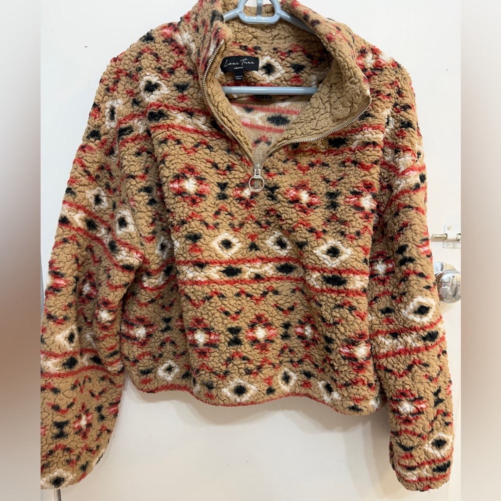 Love Tree Tan and Red Sherpa Jacket